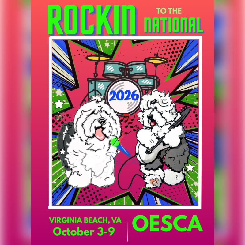 Two fluffy dogs, one singing into a microphone and the other playing a guitar, are on stage in front of a drum set, with the text "ROCKIN TO THE NATIONAL" and "2026" above them, all set against a vibrant, starburst background.