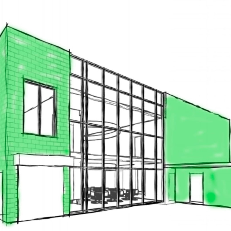 A modern building with green walls and a large glass facade stands against a plain white background.