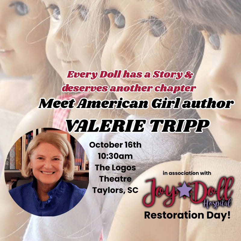 An event flyer for author Valerie Tripp features a circular portrait of the woman in the foreground against a background of several close-up doll faces.