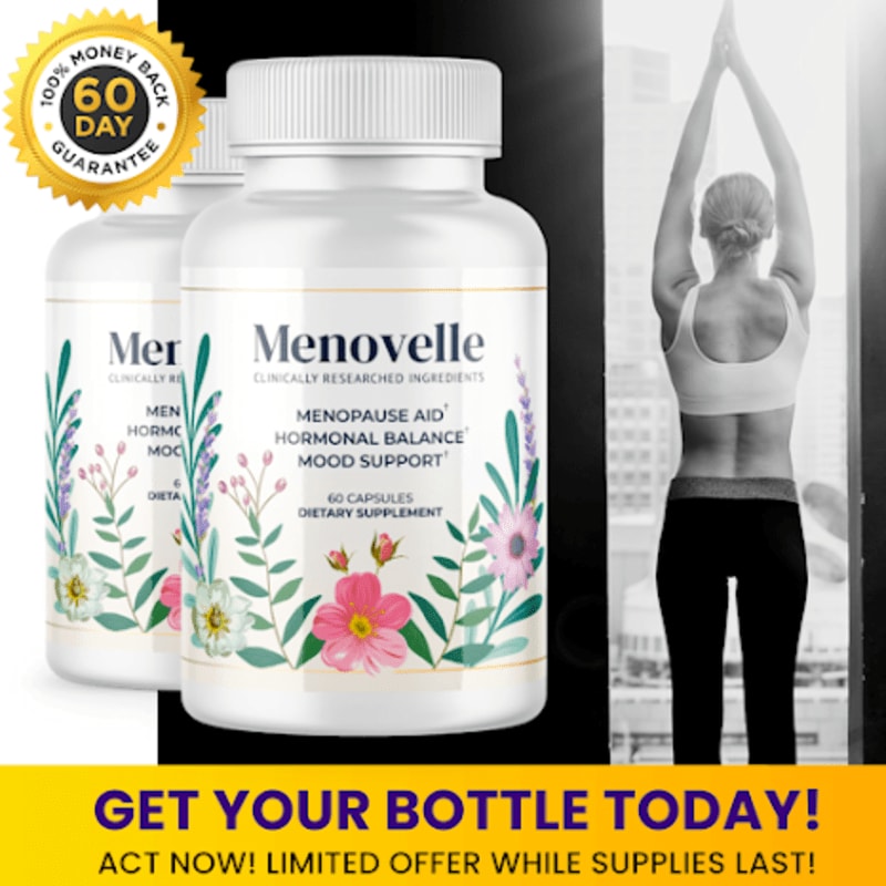 Two white bottles of Menovelle dietary supplements stand in the foreground against a background featuring a woman practicing yoga.
