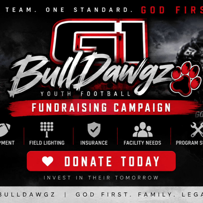 A fundraising campaign flyer for BullDawgz Youth Football features bold red and white text and a "Donate Today" button over a dark, atmospheric background with a football player.