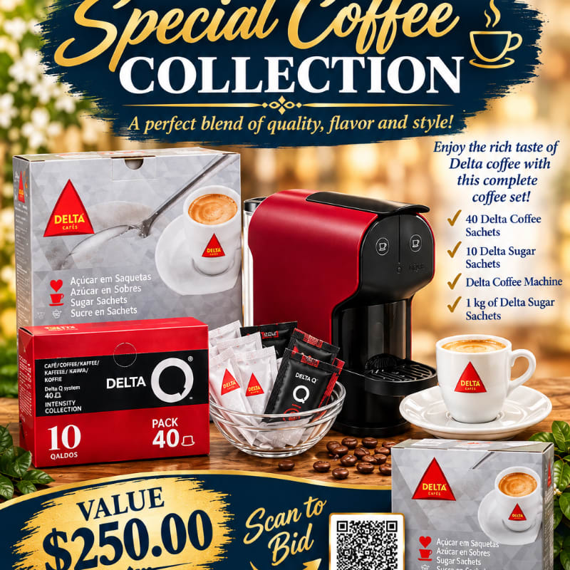 A red coffee machine, coffee pods, sugar sachets, and cups of espresso sit on a wooden table against a blurred, golden-lit background.