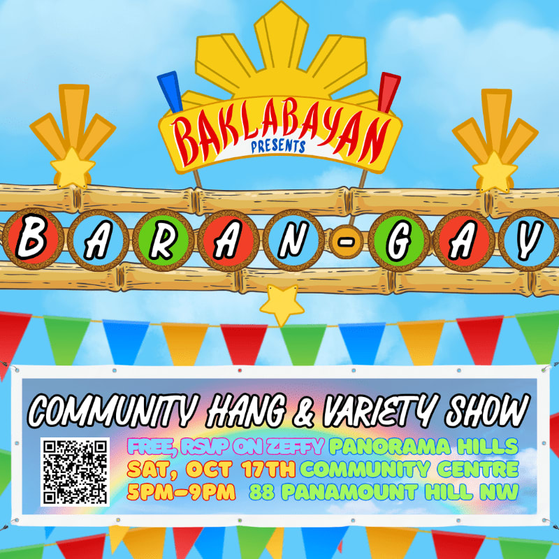 A colorful event poster for "Baran-Gay" features bold text and bamboo elements in the foreground against a bright blue sky with a yellow sunburst in the background.
