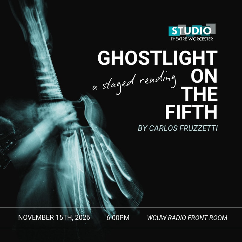 A ghostly, blurred image of a guitar occupies the left foreground against a solid black background featuring white and blue promotional text for a staged reading.