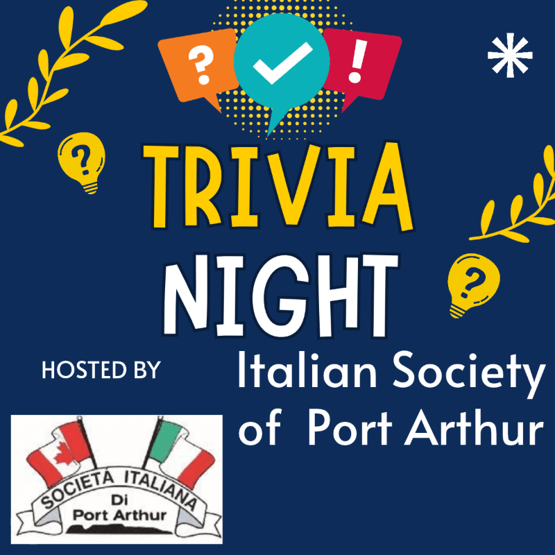 Yellow and white "TRIVIA NIGHT" text and a logo are featured in the foreground against a dark blue background decorated with colorful speech bubbles and yellow leaves.