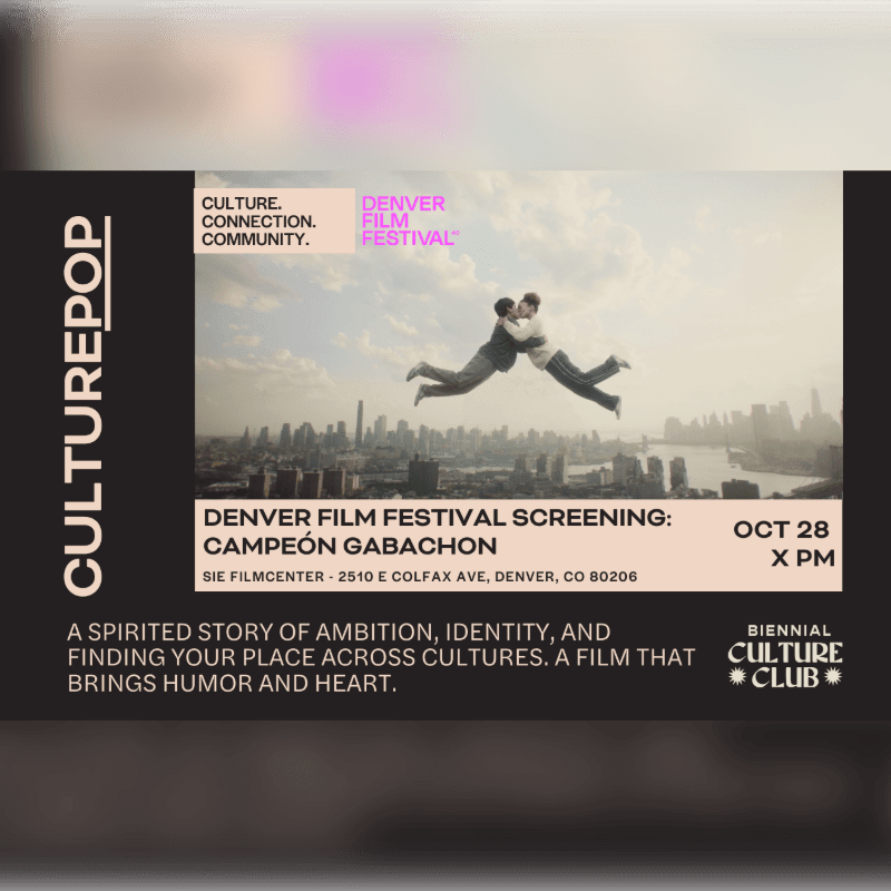 A promotional poster for the film "Campeón Gabachon" features a couple leaping in a hug in the foreground against a hazy city skyline background.