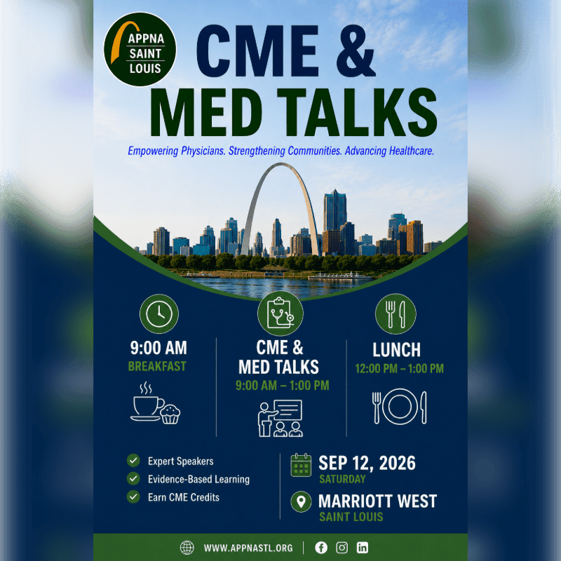A poster for "CME & Med Talks" in Saint Louis features the Gateway Arch and city skyline in the background, with event details and schedule in the foreground.