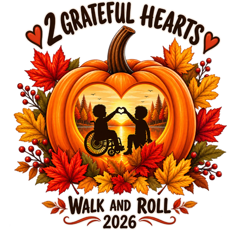 A large pumpkin adorned with autumn leaves frames a heartwarming scene of two children, one in a wheelchair, forming a heart shape with their hands against a sunset backdrop, all under the text "2 GRATEFUL HEARTS WALK AND ROLL 2026".