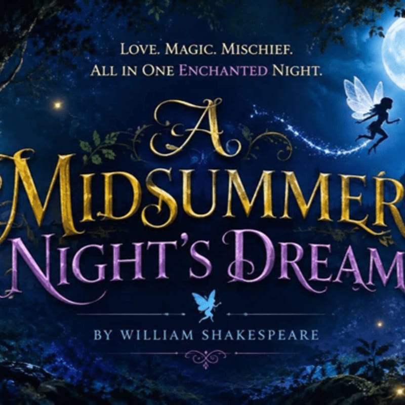 Golden and purple title text and a small fairy are centered in the foreground against a dark, moonlit forest background.