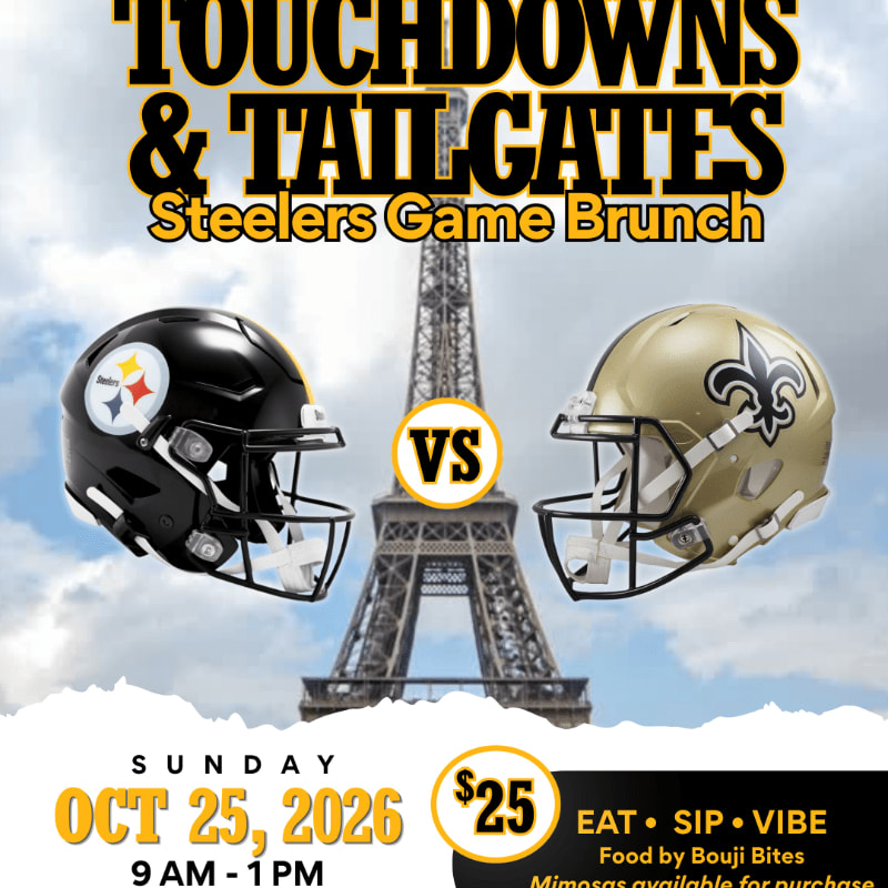 Two football helmets face each other with a "VS" symbol between them in the foreground, set against a background featuring the Eiffel Tower and event text.