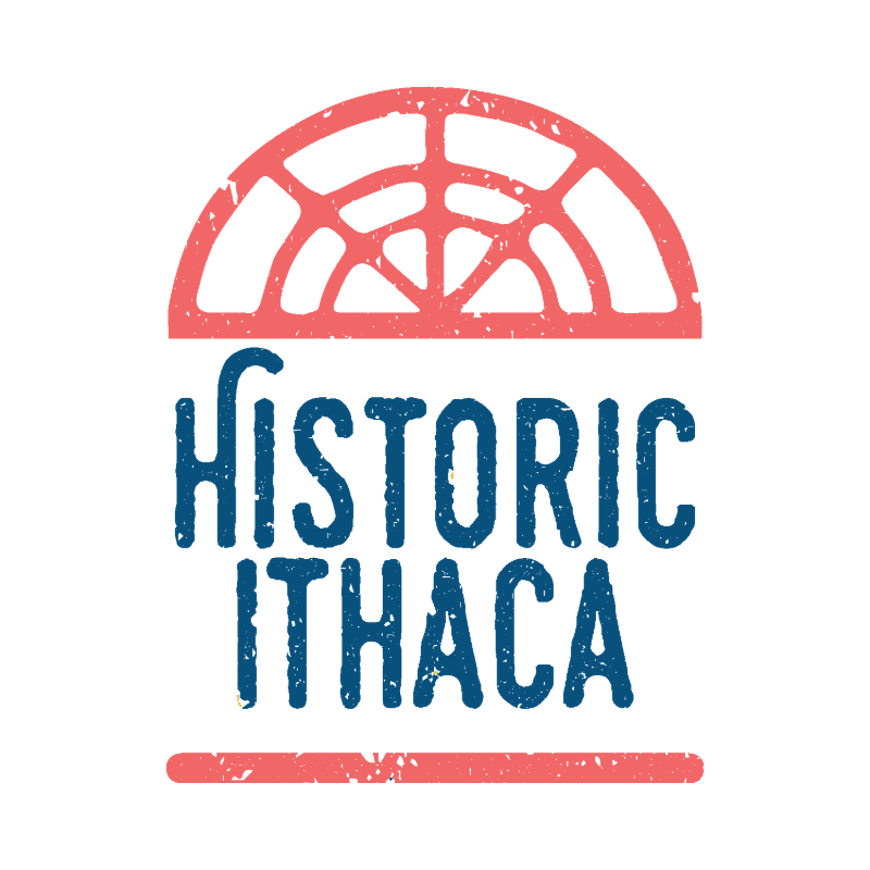 A red semi-circular window graphic sits above the blue text "HISTORIC ITHACA" against a plain white background.