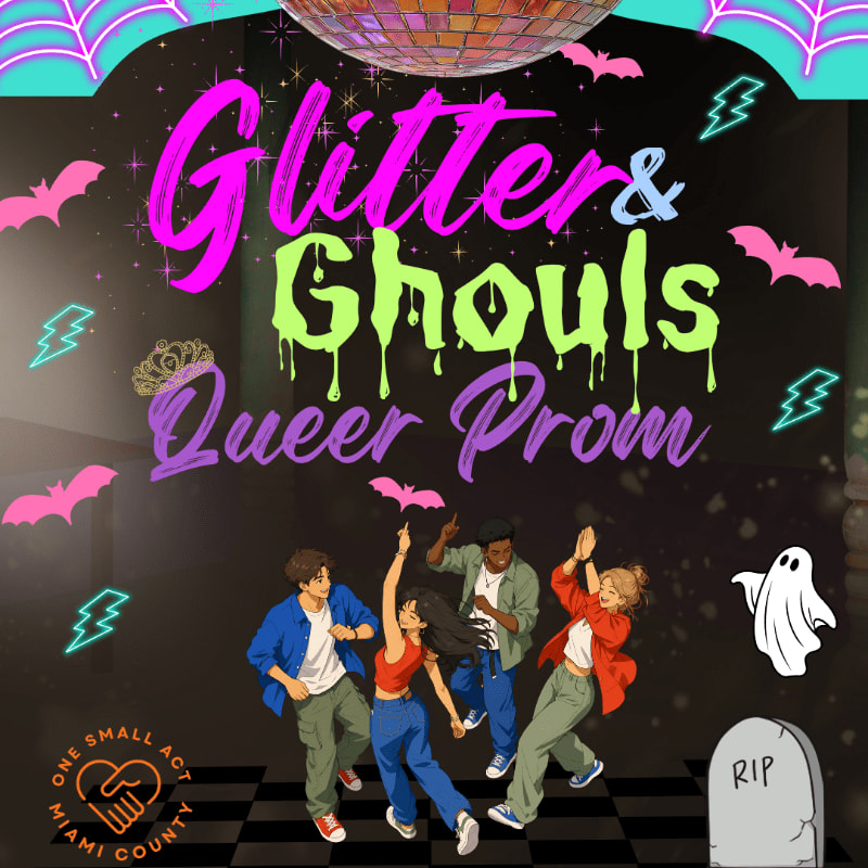 Colorful text reading "Glitter & Ghouls Queer Prom" floats above a group of dancing people on a checkered floor, set against a dark background featuring a disco ball, bats, and a ghost.