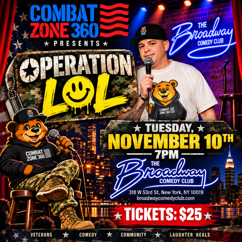 A comedian and a cartoon bear in military gear stand in the foreground of a promotional poster for "Operation LOL," set against a backdrop of a comedy club and a New York City skyline.