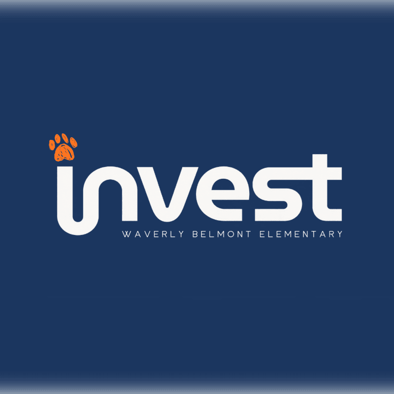 The word "invest" in white text with an orange paw print above it and "WAVERLY BELMONT ELEMENTARY" below it is centered on a dark blue background.