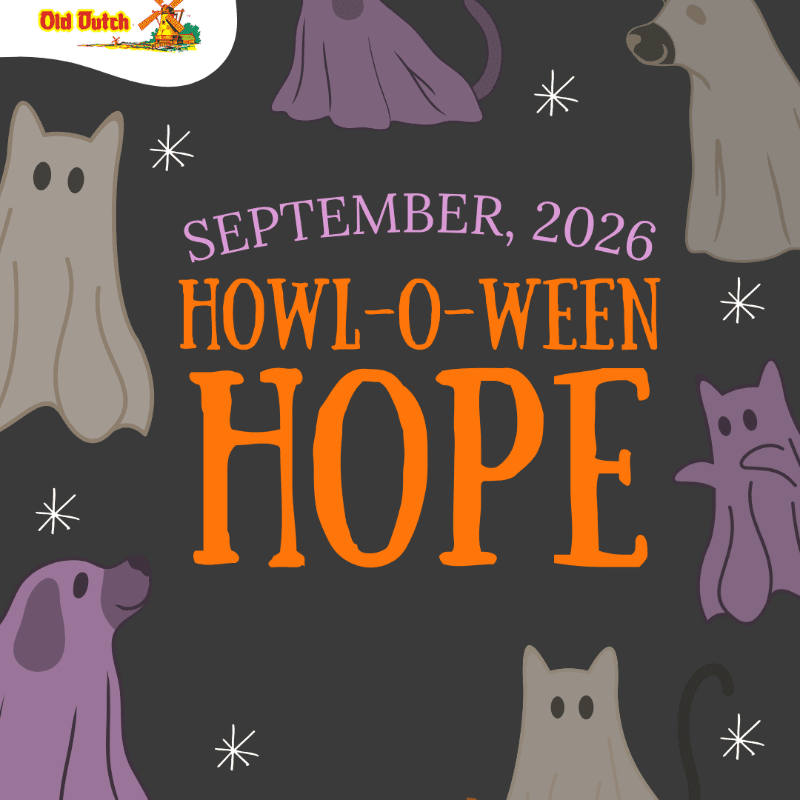 Orange and white text reading "SEPTEMBER, 2026 HOWL-O-WEEN HOPE" is centered over a dark grey background decorated with ghost-like dogs and small white stars.