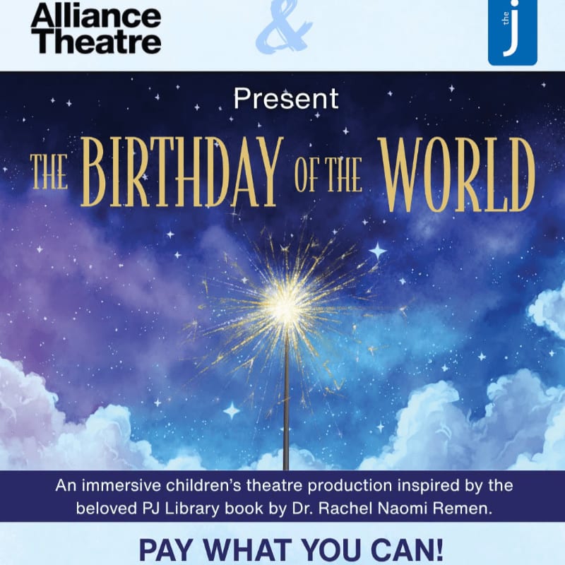 Golden text reading "THE BIRTHDAY OF THE WORLD" and a bright sparkler sit in the foreground against a starry, cosmic night sky with fluffy white clouds.