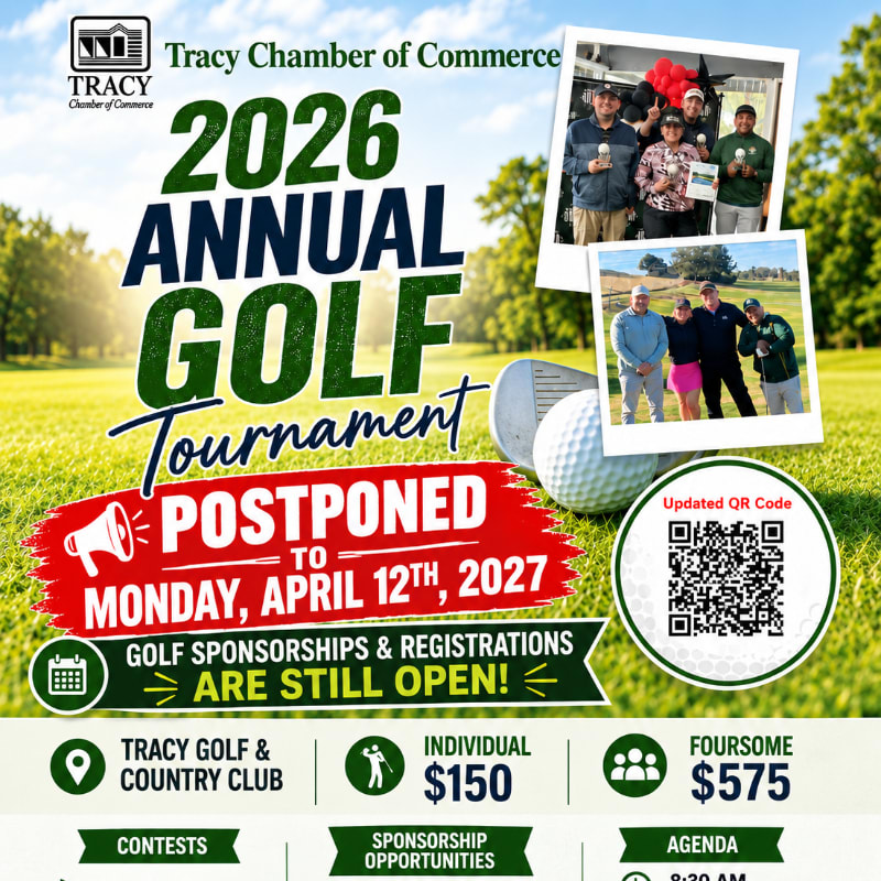A promotional flyer for the 2026 Annual Golf Tournament features bold text and a "Postponed" announcement in the foreground, set against a background of a sunny golf course and photos of participants.