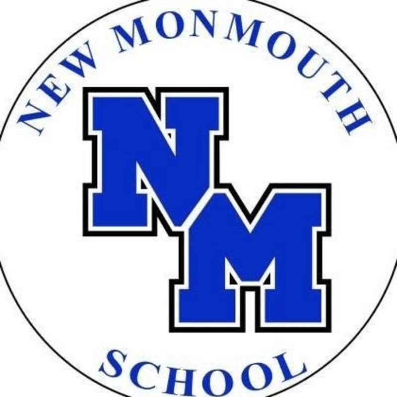 Large blue letters "NM" are centered within a white circular border containing the text "NEW MONMOUTH SCHOOL".