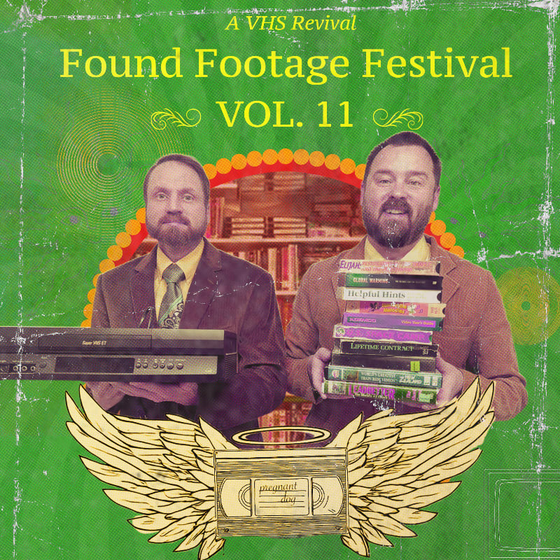 Two men stand before a bookshelf, one holding a VCR and the other a stack of VHS tapes, with a winged cassette tape positioned in the foreground against a green textured background.