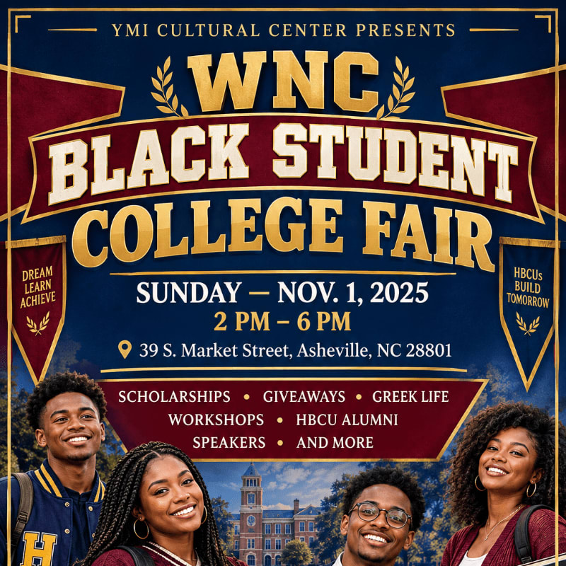 Four smiling students stand in the foreground of a promotional flyer for the WNC Black Student College Fair, which features bold gold and red text against a dark blue background.