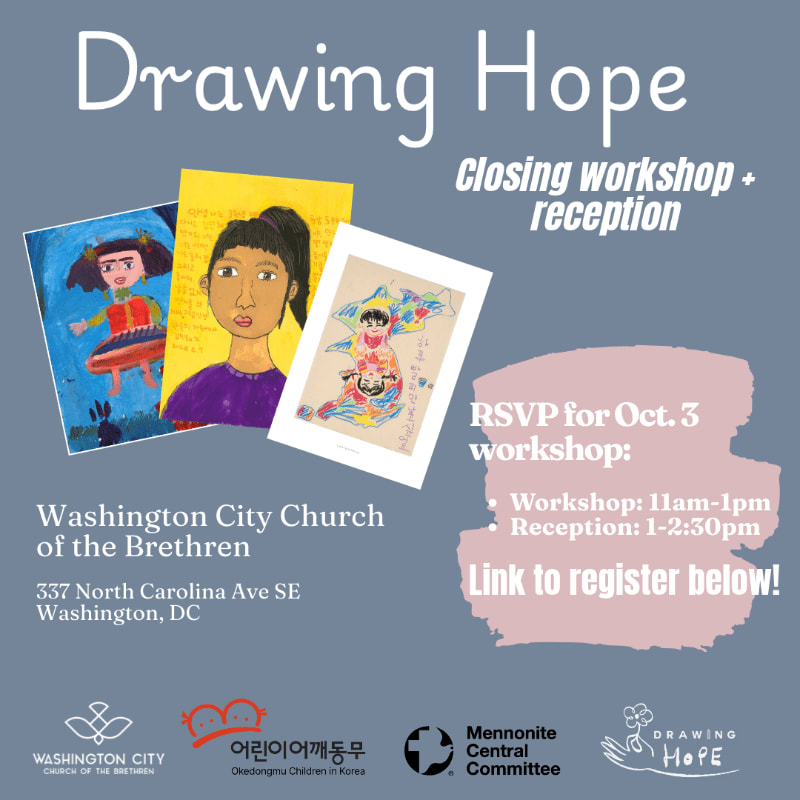 Three colorful children's drawings are featured in the foreground against a muted blue-grey background containing event details for a "Drawing Hope" workshop.