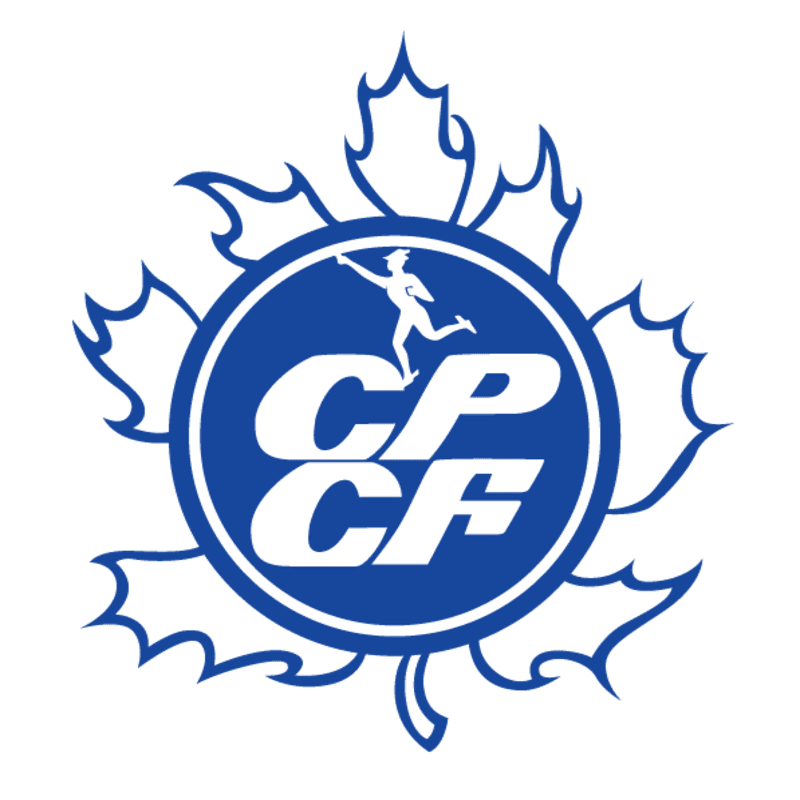 A blue circular logo featuring a running figure and the letters "CP CF" is centered over a blue outline of a maple leaf against a white background.