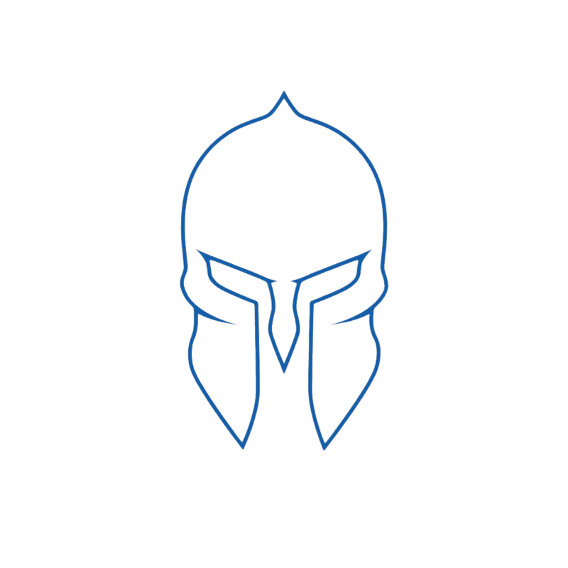 A blue outline of a Spartan helmet is centered against a plain white background.