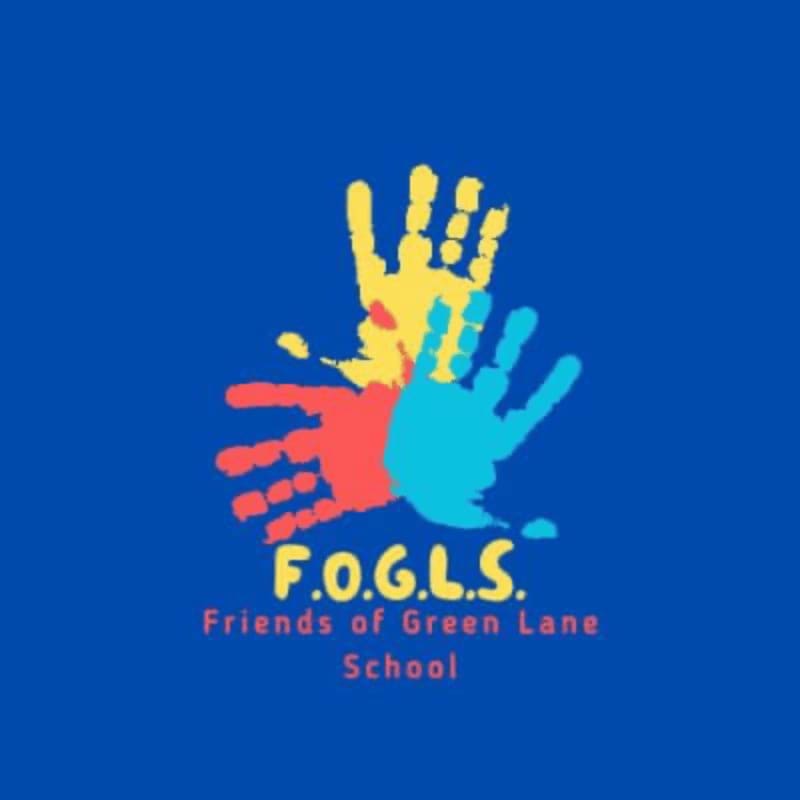 Three colorful handprints in yellow, red, and blue are positioned above the text "F.O.G.L.S. Friends of Green Lane School" against a solid blue background.