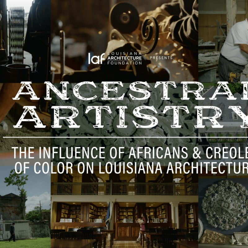 Bold white text reading "ANCESTRAL ARTISTRY" overlays a collage of architectural details, craftsmen, and a library interior.