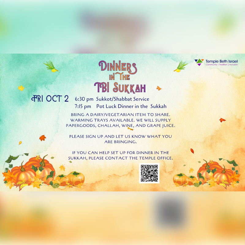 An event announcement for "Dinners in the TBI Sukkah" features text and a QR code in the center, framed by pumpkins and autumn leaves in the foreground against a soft, watercolor-style background.