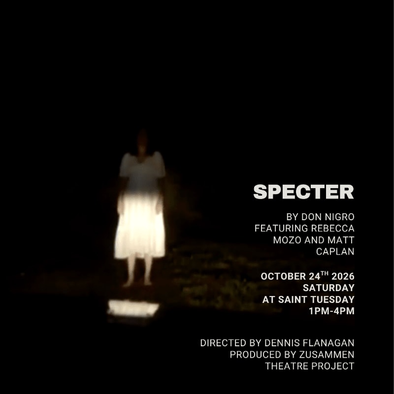 A ghostly figure in a white dress stands in a dark, shadowy foreground against a pitch-black background, accompanied by event text for a play titled "SPECTER."