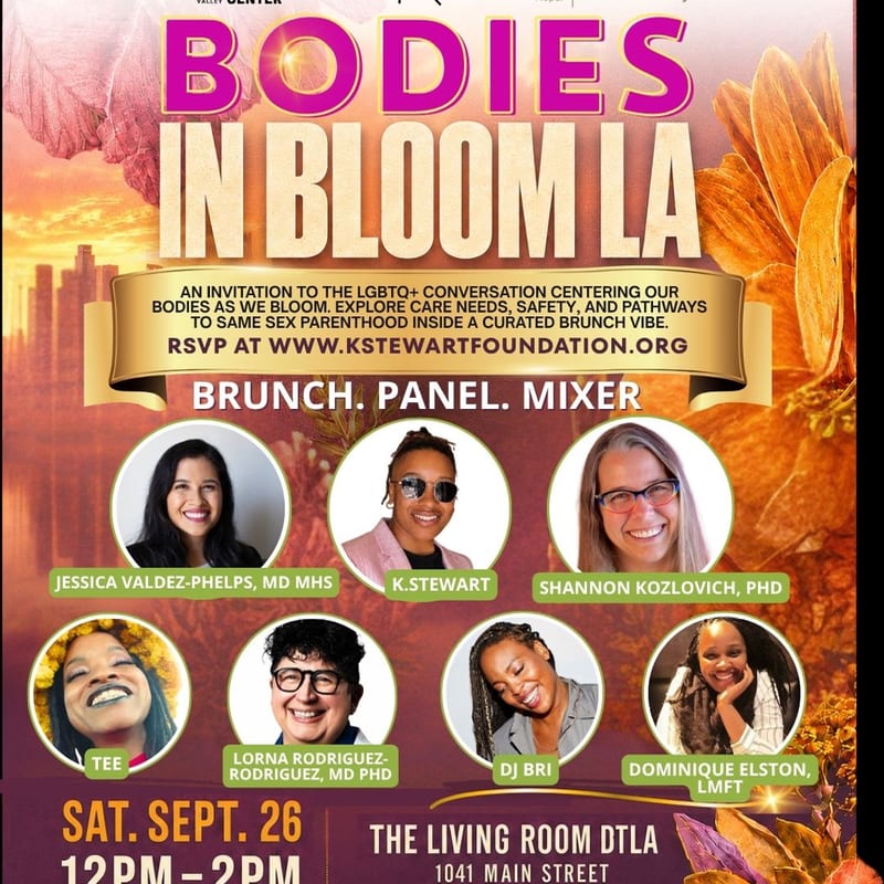 A promotional flyer for "Bodies in Bloom LA" features event details and headshots of speakers in the foreground, set against a background of soft floral elements and a city skyline.