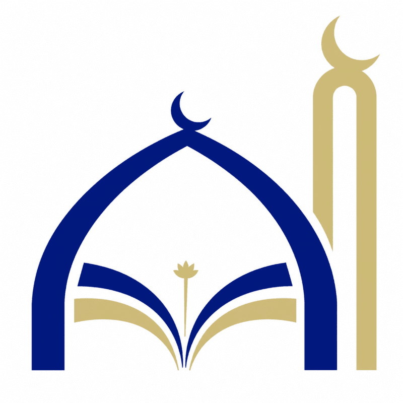 A blue dome and gold minaret with an open book and lotus flower in the foreground set against a plain white background.