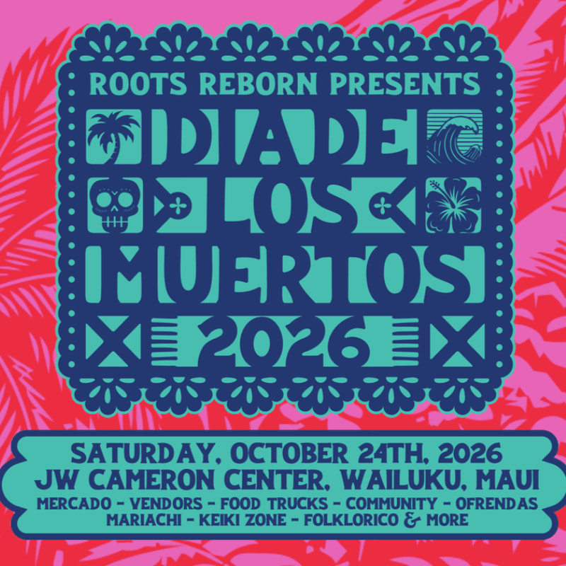 A blue and teal event flyer for "Dia de los Muertos 2026" sits in the foreground against a pink background with red tropical leaf silhouettes.