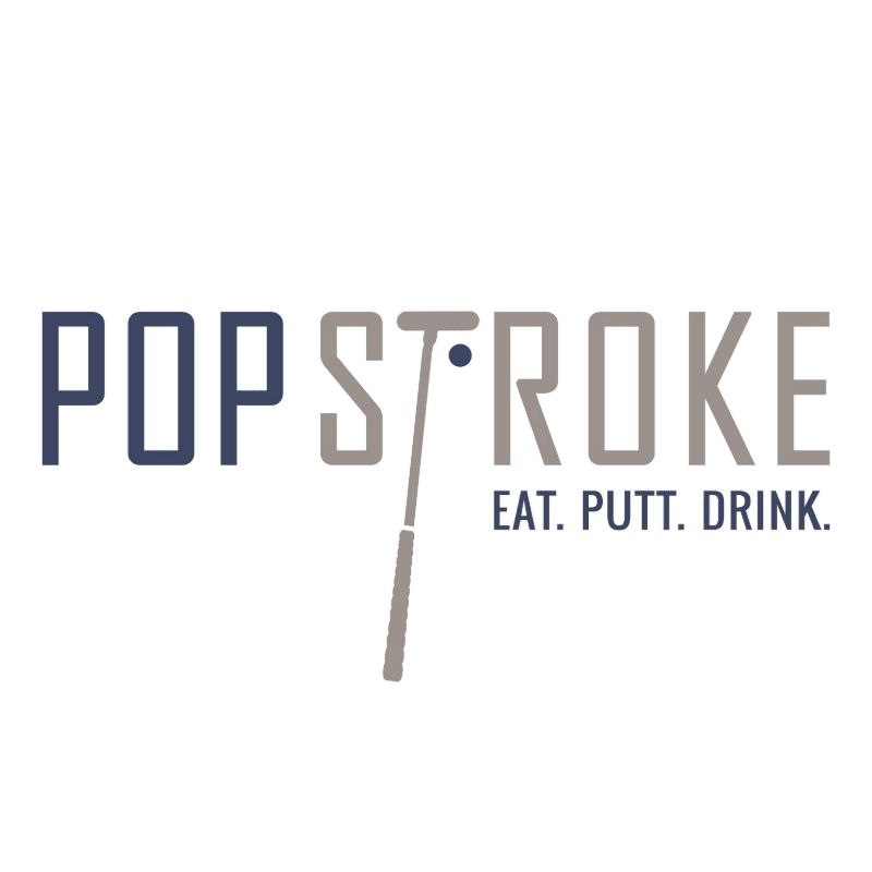 The words "POP STROKE" and "EAT. PUTT. DRINK." are displayed in blue and grey text against a plain white background.