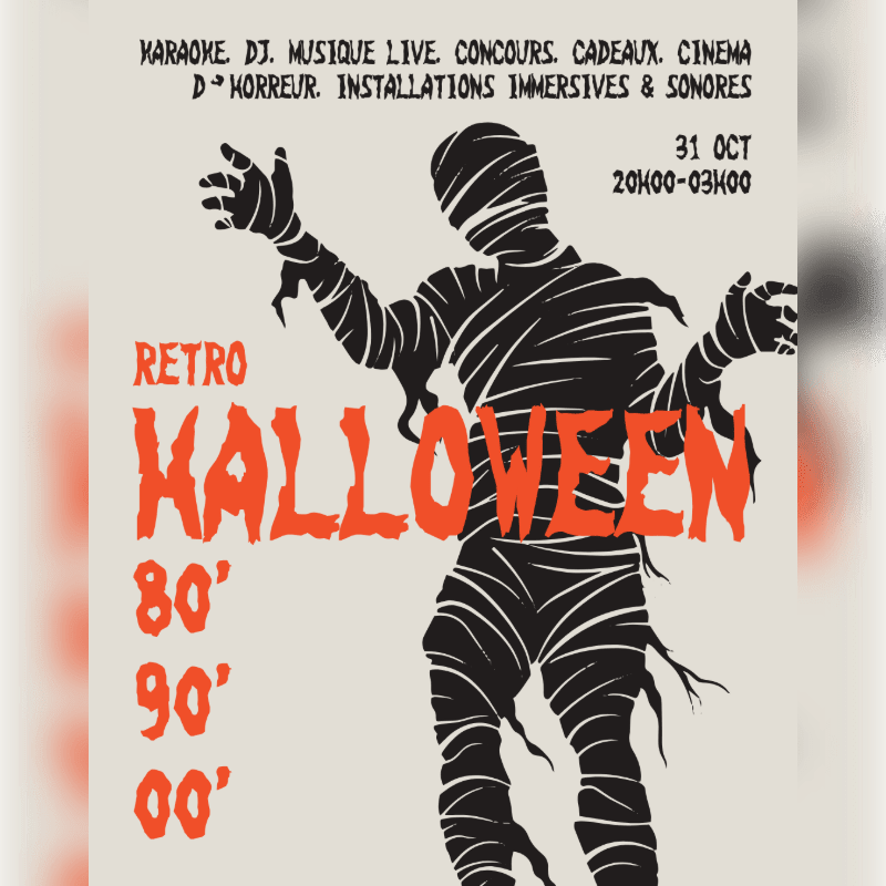 A black silhouette of a mummy stands against a light beige background featuring red "RETRO HALLOWEEN" text and event details.