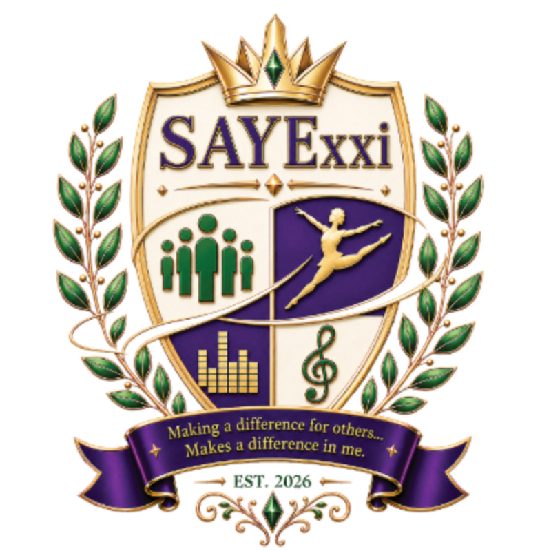 A gold-bordered crest featuring the text "SAYExxi" and various artistic symbols is centered against a plain white background and framed by green laurel branches.