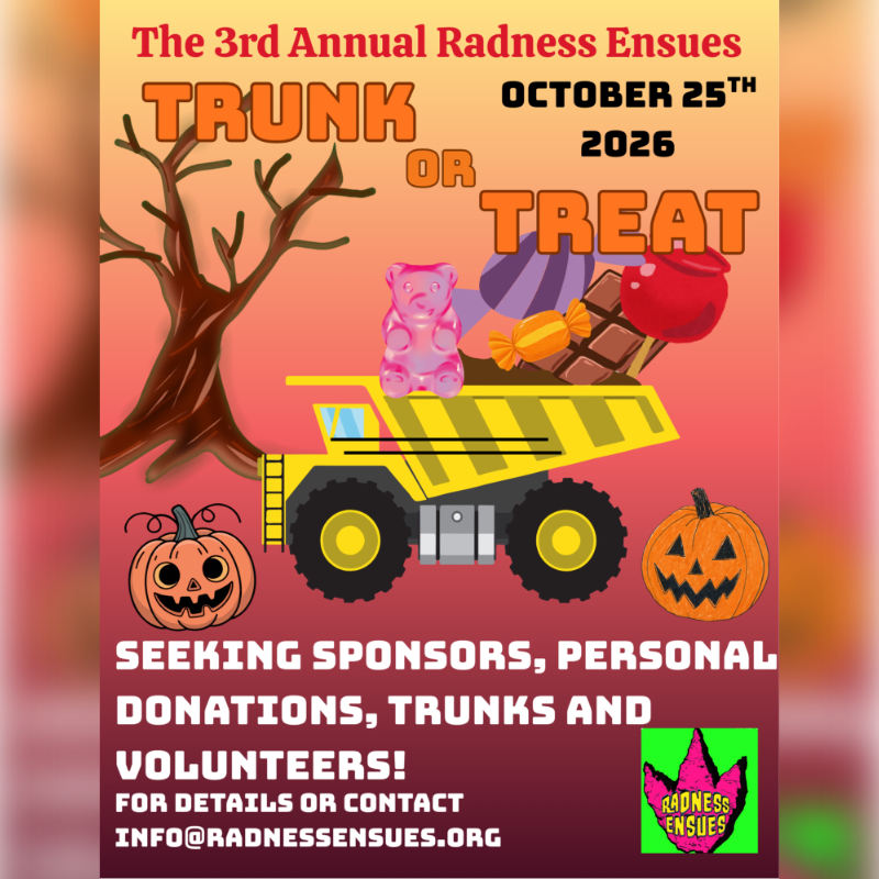 A yellow dump truck carrying candy and a pink gummy bear sits between two jack-o'-lanterns in the foreground, set against a background featuring a bare tree and event text.