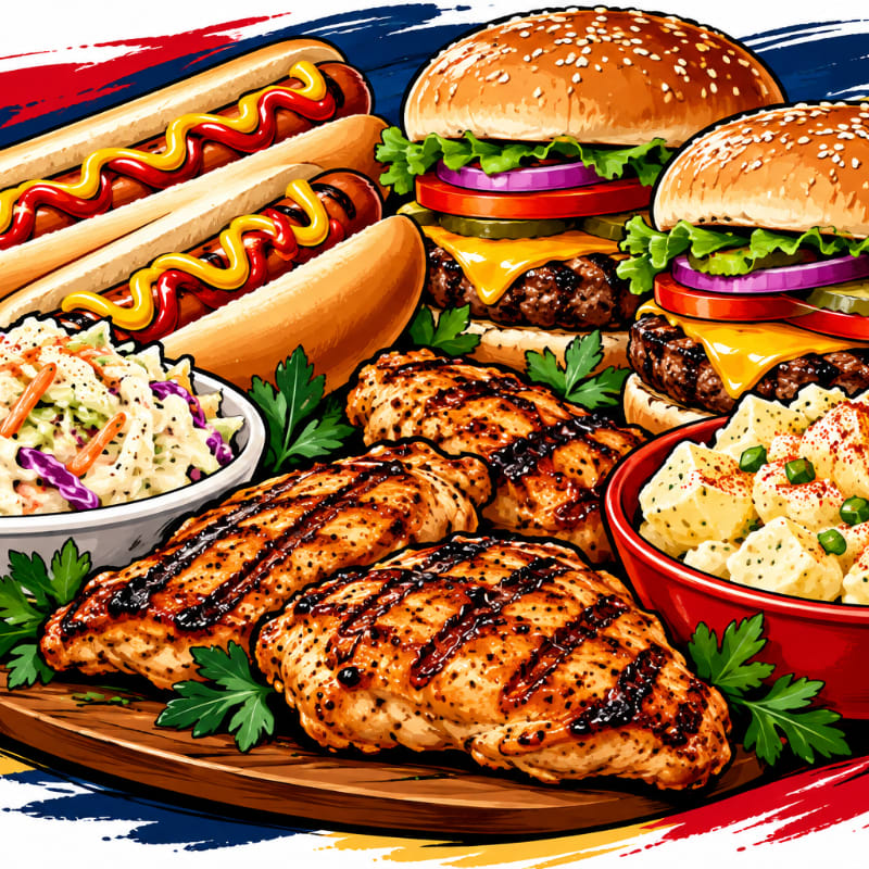 Grilled chicken breasts and side salads sit in the foreground, with hot dogs and cheeseburgers set against a colorful, abstract background.