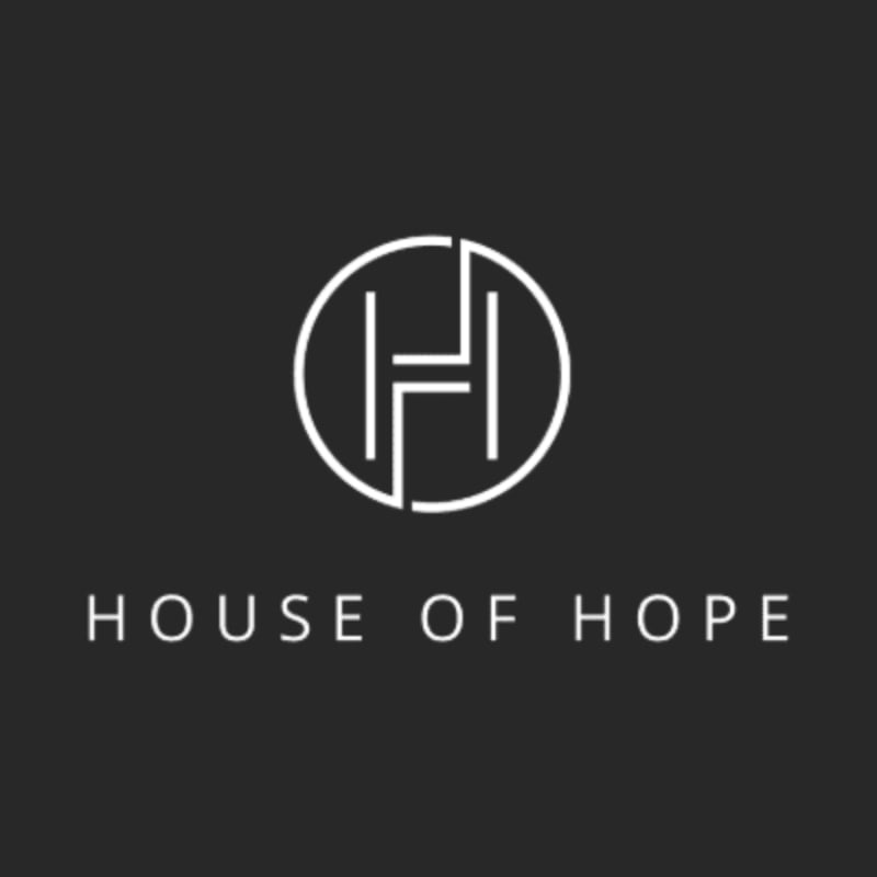 A white circular logo with an abstract "H" inside is centered above the white text "HOUSE OF HOPE" on a dark gray background.