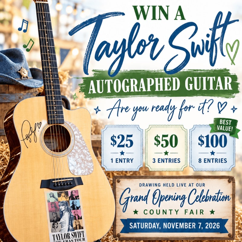 An autographed acoustic guitar and a blue hat sit in the foreground against a blurred outdoor background, accompanied by text promoting a giveaway.
