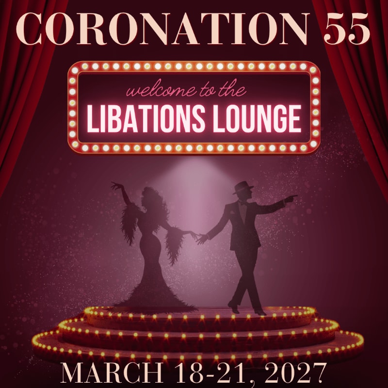 Silhouetted dancers perform on a lit circular stage in the foreground, set against a background of red curtains and a glowing "Libations Lounge" marquee.