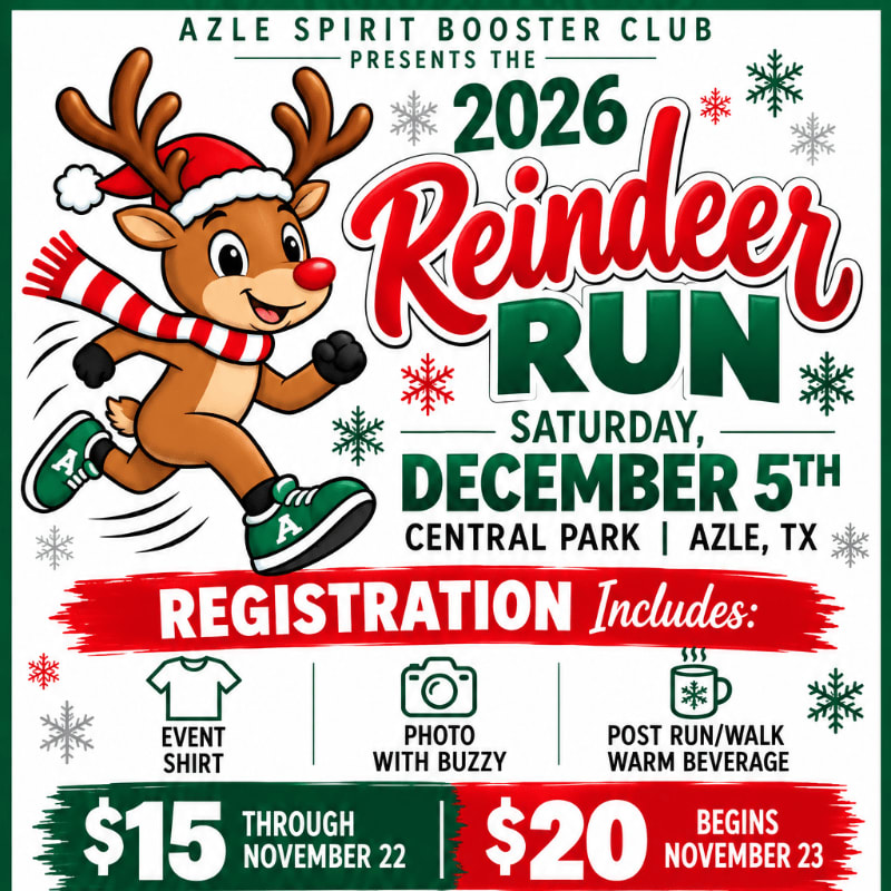 A cheerful cartoon reindeer wearing a Santa hat and scarf runs beside bold text announcing the 2026 Reindeer Run against a white background decorated with green and red snowflakes.