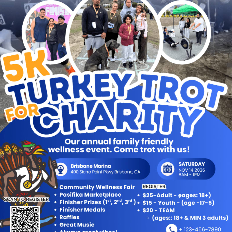 A promotional flyer for a 5K Turkey Trot for Charity features photos of participants in the foreground and event details against a blue and white background.