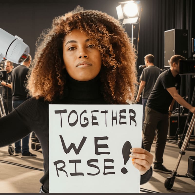A woman with curly hair holds a sign that reads "TOGETHER WE RISE!" in the foreground, while a film crew and studio equipment are visible in the background.