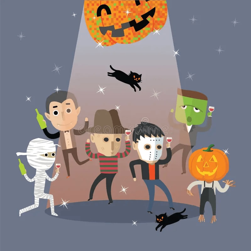 A group of costumed monsters and characters party under a spotlight with a giant pumpkin and black cats in the background.