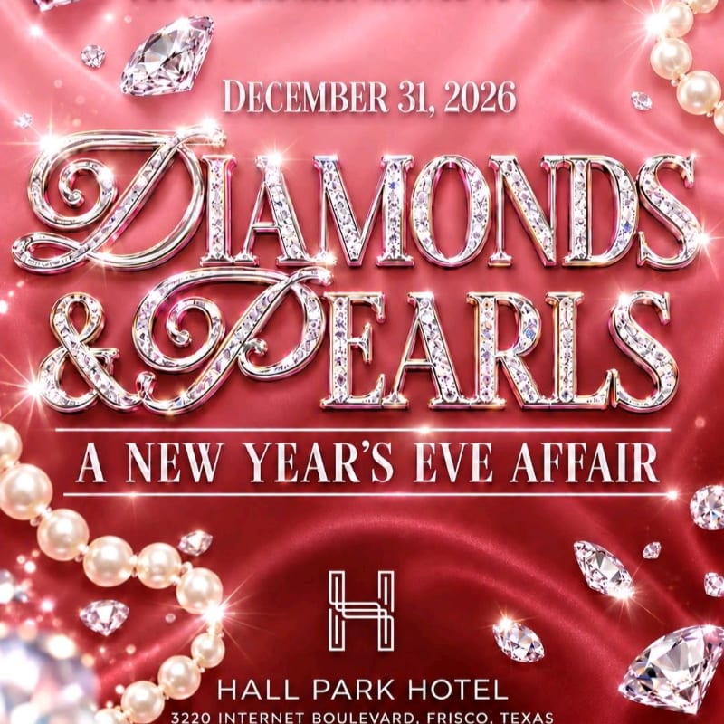 Sparkling diamond-encrusted text and pearls frame a New Year's Eve event announcement set against a luxurious red satin background.
