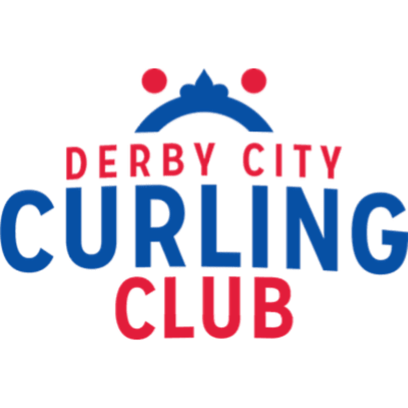 A logo for the Derby City Curling Club featuring red and blue text and a stylized blue graphic with red dots against a plain white background.