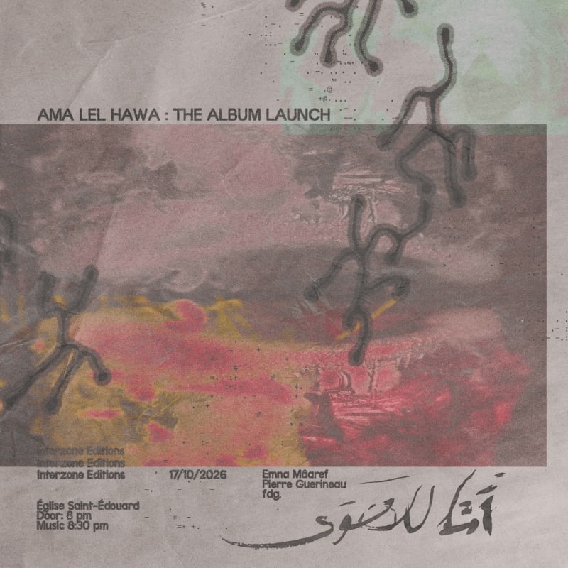 Text for an album launch event is layered over a textured, abstract background of muted purples, reds, and yellows with dark, organic scribbles.