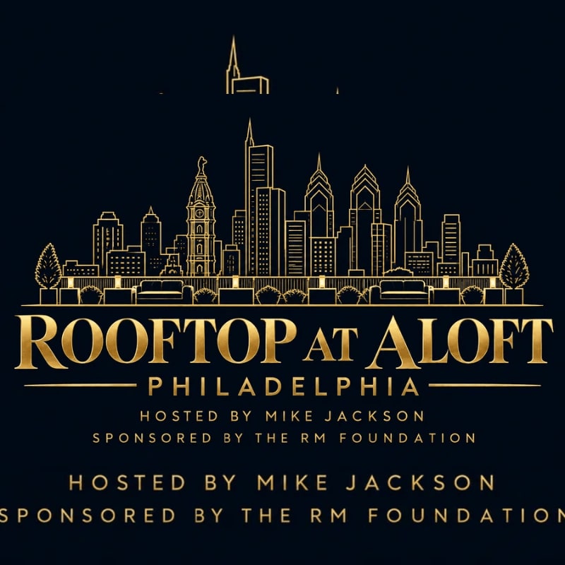 Gold text and a stylized city skyline are centered against a solid dark blue background.